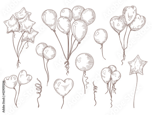 Balloons on string hand drawn illustrations set. Bunch of birthday, carnival balloons for decoration or design in retro or grunge style. Celebration, festival or birthday party concept