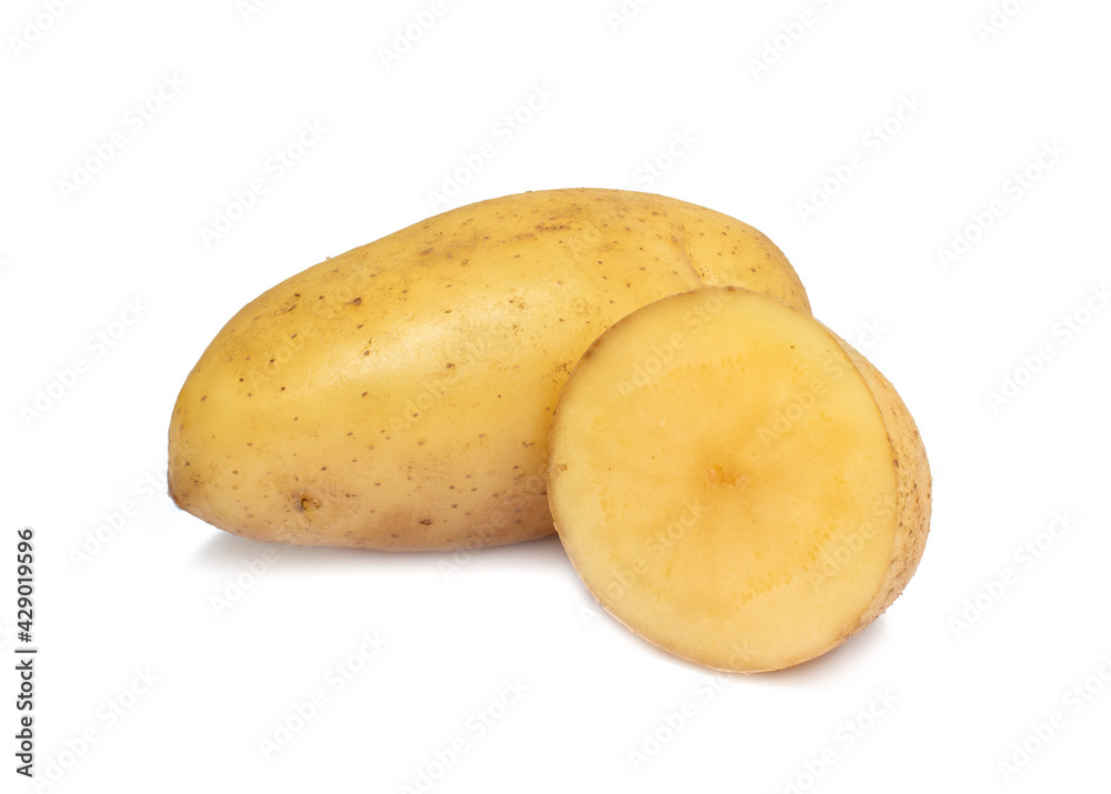 Raw potato and potato cut in half isolated on white background.
