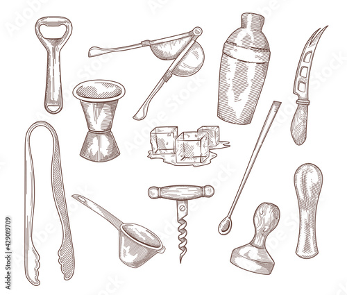 Bartender equipment kit hand drawn sketches set. Professional cocktails and coffee making tools: shaker, bar spoon, strainer, jigger, muddler. Vector illustrations in retro engraved style. Bar concept