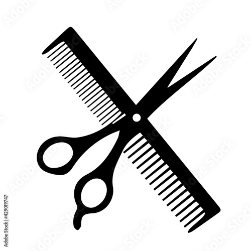 Front View of Black Scissor And Comb Brush Icons For Hairstyle Silhouette on White Background