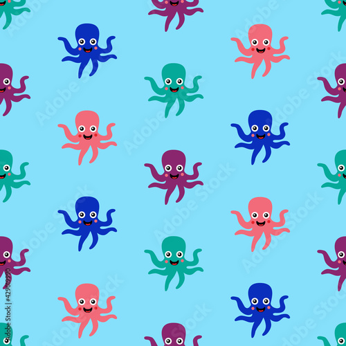 Pink  violet  blue and turquoise octopuses  cheerful and smiling  on blue background  seamless pattern 