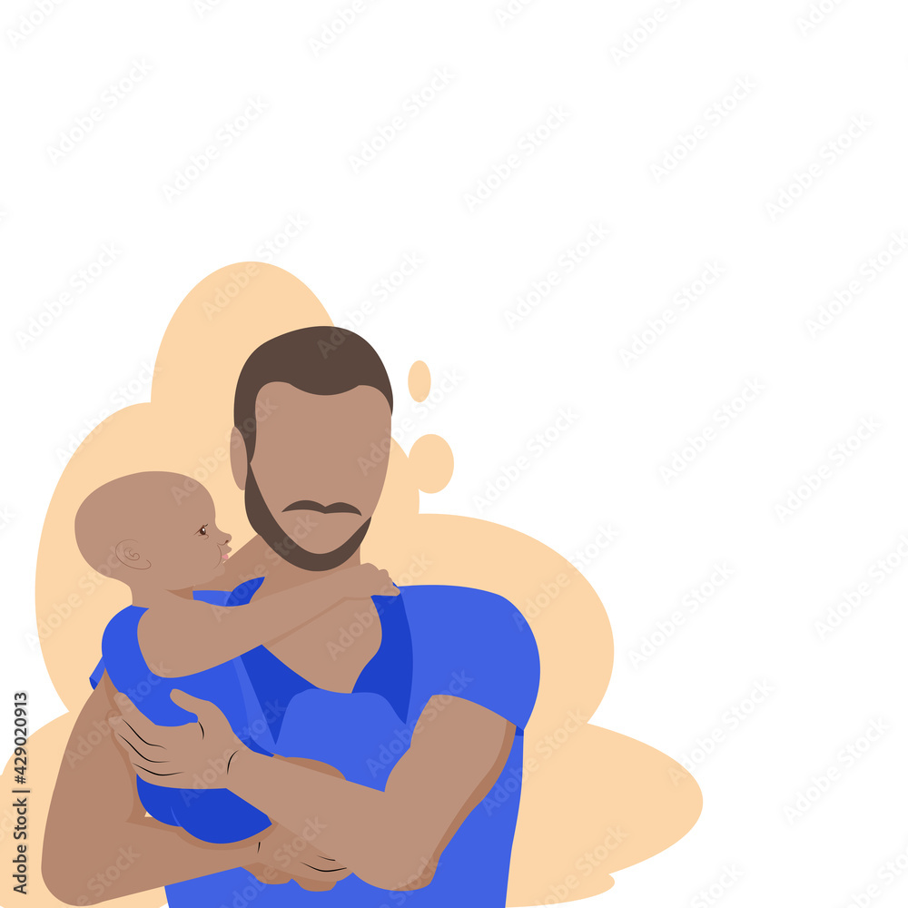 No face Black Father wearing blue long shirt on take care your cute baby by holding on both left and right hand.Daddy and son happy spending time together. Vector flat design concept for Father’s Day