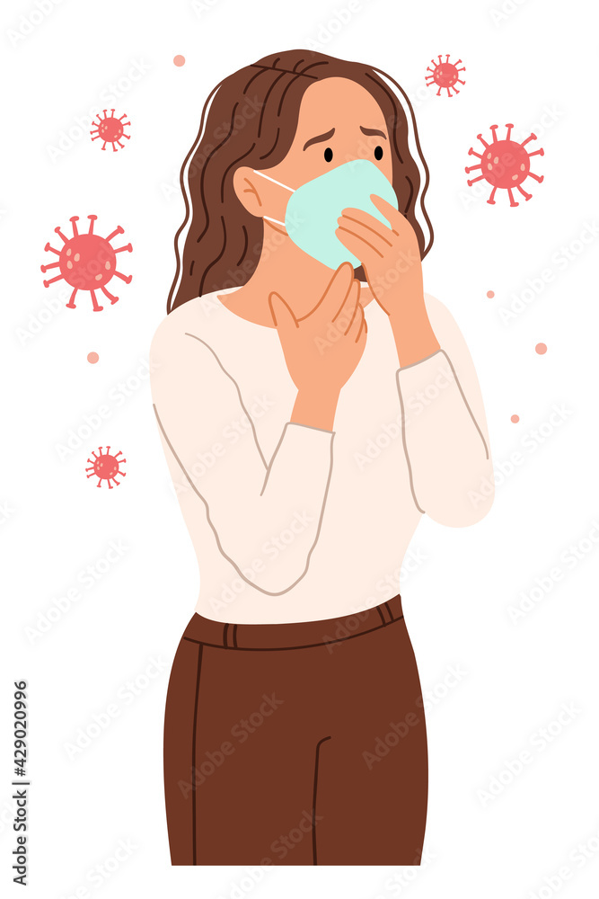 The girl in the mask coughs.The coronavirus flies around.Fear of illness. The girl in the mask coughs.The coronavirus flies around.Fear of illness.