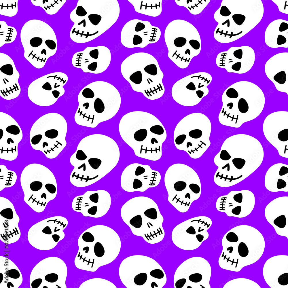 Skull pattern. Skulls on a purple background.Vector illustration. Bright and fashionable design for Halloween, Day of the dead, tattoos, prints, post