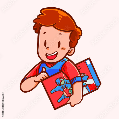 Illustration of a boy buying a toy or model kit