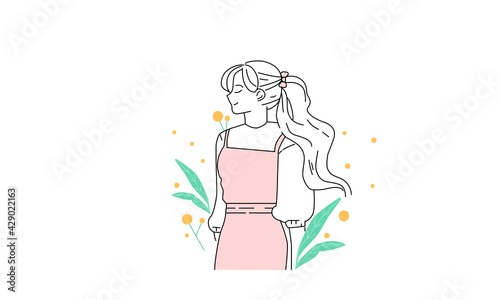 Girl Profile. Girl, girl, woman in cartoon style. Girl or woman in a pink dress or sundress. Style line..jpg