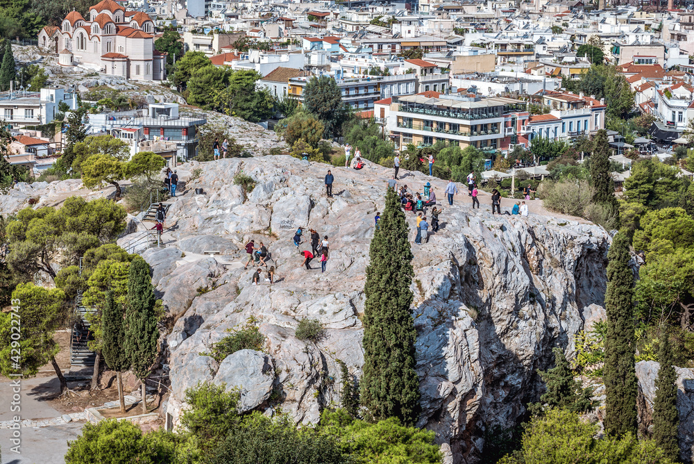 Ares Rock seen from Acropolis, ancient citadel in Athens city, Greece