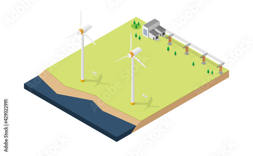 wind turbine energy, wind turbine power plant in isometric graphic