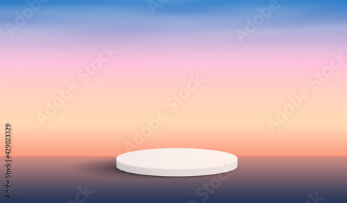 Cosmetic beach background and premium podium display for product presentation branding and packaging . studio stage with shadow of the sea and sky background. vector design
