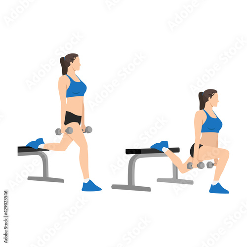 Woman doing Bulgarian split squats exercise flat vector illustration isolated on white background