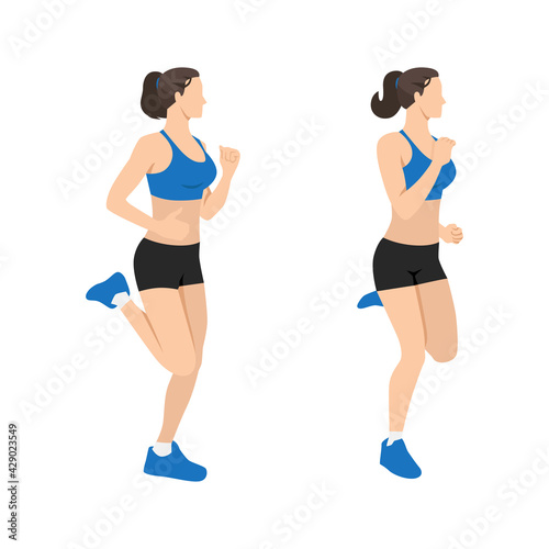 Fototapeta Naklejka Na Ścianę i Meble -  Woman doing butt kicks exercise flat vector illustration isolated on white background