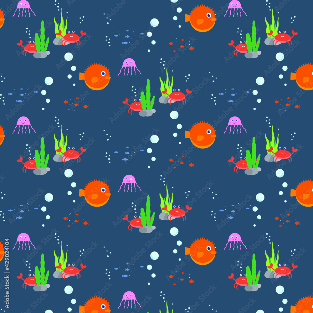 Children's vector marine pattern. Puffer fish, crab, jellyfish, small fish.