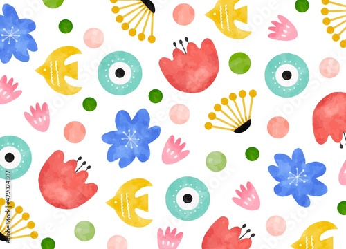 お花や鳥のカラフルな背景イラスト　水彩ベクターイラスト
