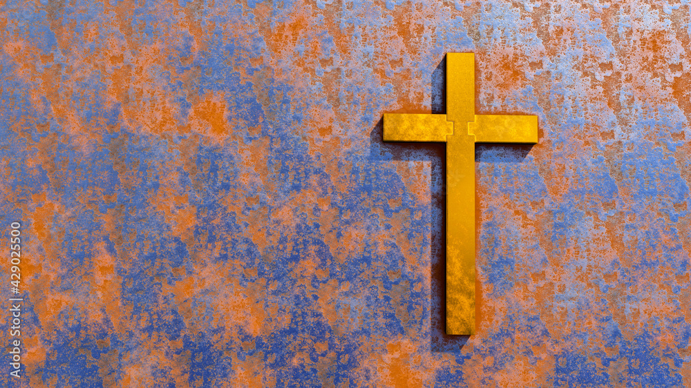 Concept or conceptual golden cross on a rusted corroded metal or steel sheet background. 3d illustration metaphor for God, Christ, religious, faith, holy, spiritual, Jesus, belief or resurection