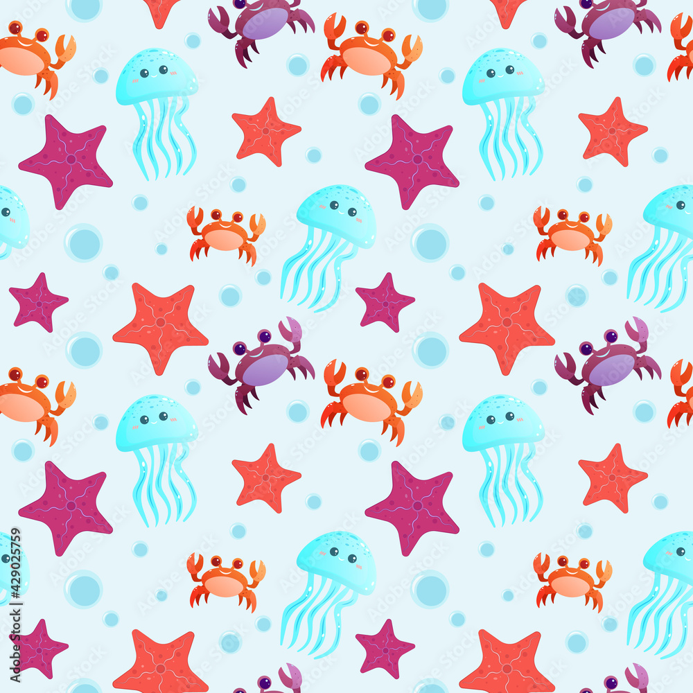 Seamless background. Marine life. Vector illustration. Jellyfish and crab in the ocean. Seamless background. Marine life. Vector illustration. Jellyfish and crab in the ocean.