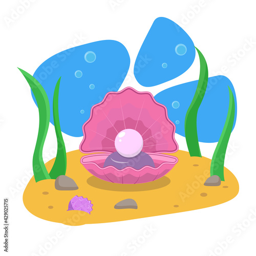 Summer greeting card. Postcard. Vector. The sea floor. A pearl in an open shell