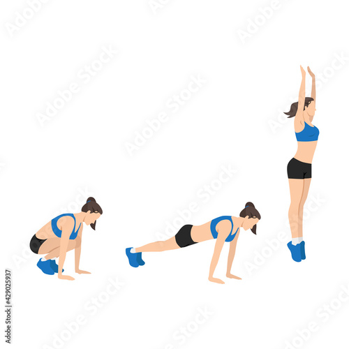 Woman doing burpees. squat thrusts exercise flat vector illustration isolated on white background