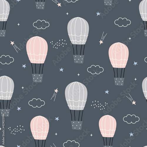 Seamless pattern background cartoon A balloon floating in the night sky with clouds and stars. Hand drawn design in kid style, use for print, wallpaper, decoration, textiles, baby clothes. © TEe Du