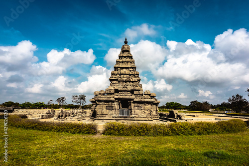 Photography Shore temple built by Pallavas is UNESCO`s World Heritage Site located at Mamallapuram or Mahabalipuram in Tamil Nadu, South India