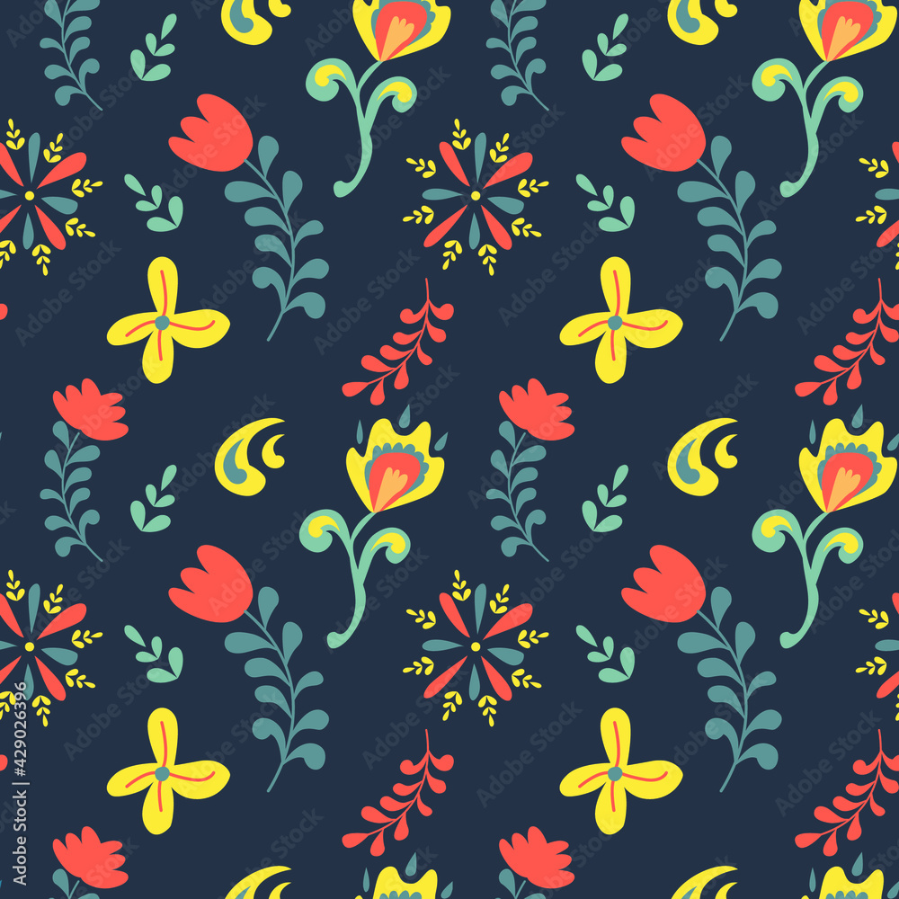 Vector spring floral pattern folk flowers and leaves on a blue background. Perfect for printing on fabric, paper, invitations. Ethnic background.