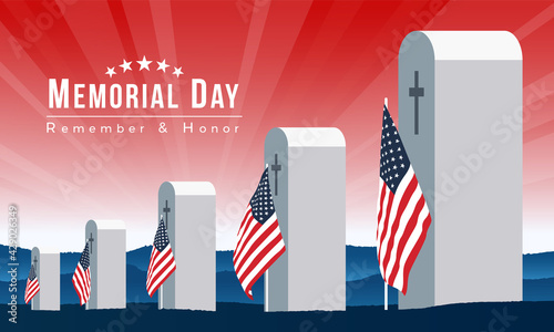 Memorial day, remember and honor text - Veterans cemetery memorial celebration with American Flag vector design