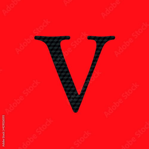 Letter V textured in opaque black metal look editable vector on red background