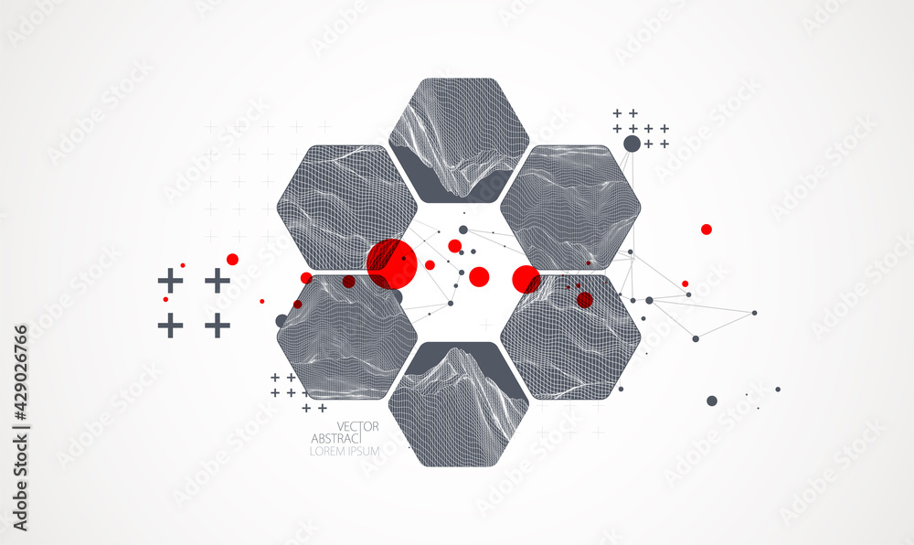 Modern science or technology abstract background using hexagonal shapes. Wireframe spot surface illustration. Vector.