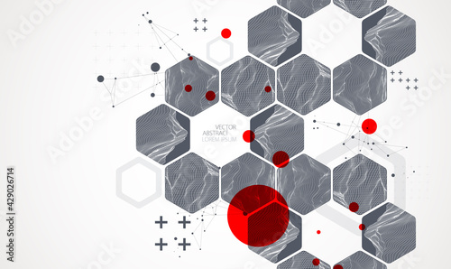 Modern science or technology abstract background using hexagonal shapes. Wireframe spot surface illustration. Vector.