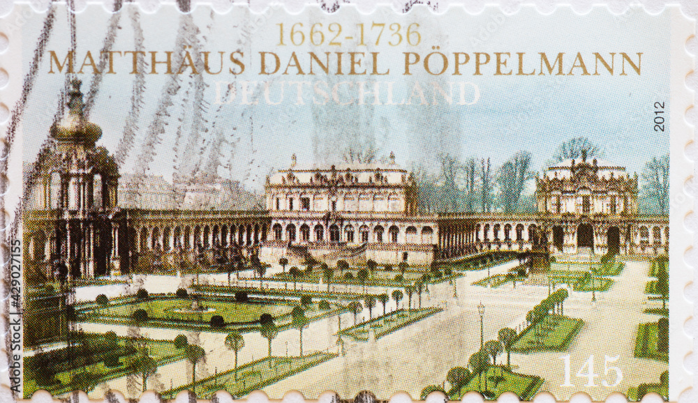 a postage stamp from Germany, showing the historical complex of the Dresden Zwinger. Occasion 350th birthday of Matthäus Daniel Pöppelmann, the master builder of the Baroque era