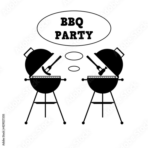 Bbq party with grill and food. Barbecue poster. Food flyer. Black and white vector clipart and drawing. Illustration on white background.