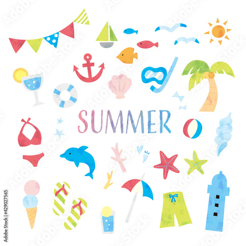 水彩タッチで明るくてかわいい夏のベクターイラストセット