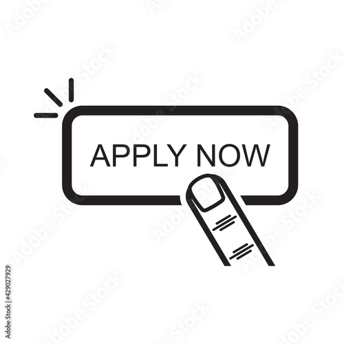 Finger pressing apply now button isolated on background vector illustration.