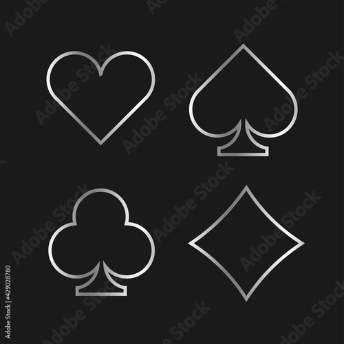 Casino silver card suits vector icons set. Isolated on black Background. Casino Emblems and Labels, Bright Neon Sign, Slot Machine, Roulette, Poker, Dice Game. Vector illustration