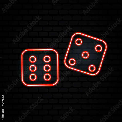Casino neon dice vector icons set. Isolated on black Background. Casino Emblems and Labels, Bright Neon Sign, Slot Machine, Roulette, Poker, Dice Game. Vector illustration