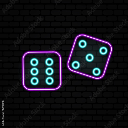 Casino neon dice vector icons set. Isolated on black Background. Casino Emblems and Labels, Bright Neon Sign, Slot Machine, Roulette, Poker, Dice Game. Vector illustration