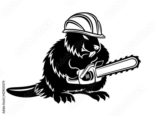Beaver icon with chainsaw on white background.