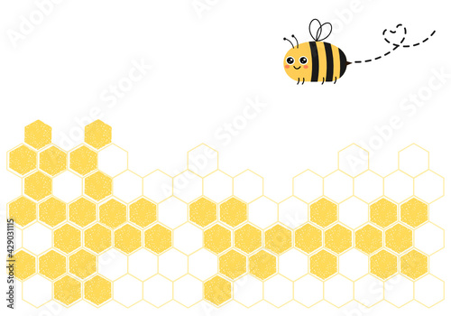Beehive honeycomb with hexagon grid cells and bee cartoons on yellow background vector illustration.