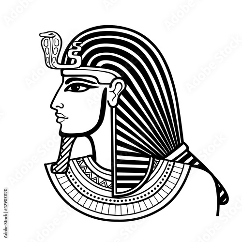 Animation portrait Egyptian man in the royal headscarf. Profile view. Vector illustration isolated on a white background. Print, poster, t-shirt, tattoo.