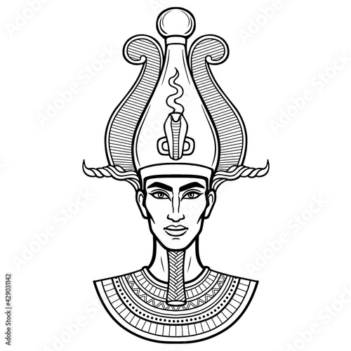 Animation portrait Egyptian man n the crown. Vector illustration isolated on a white background. Print, poster, t-shirt, tattoo.