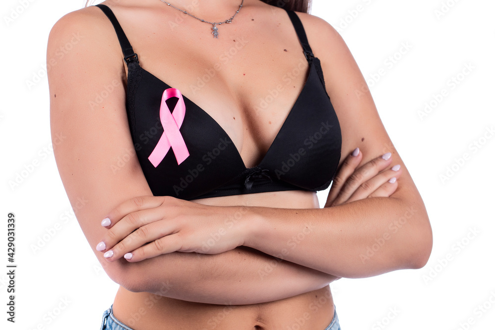 Caucasian girl with breast cancer ribbon Caucasian girl with breast cancer ribbon