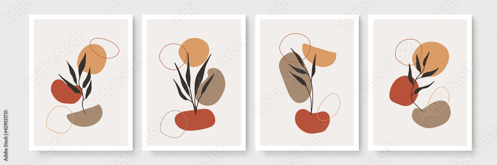 Fototapeta premium Gold Botanical wall art vector set. Earth tone boho foliage line art drawing with abstract shape. Abstract Plant Art design for print, cover, wallpaper, Minimal and natural wall art.