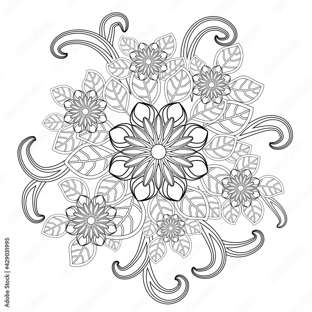 Black and white circle flower ornament, ornamental round lace design. Floral mandala Black and white circle flower ornament, ornamental round lace design. Floral mandala