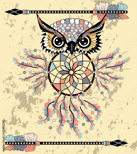 Dreamcatcher with owl. Zentangle. Abstract bird. Mystic symbol. American Indians symbol. for spiritual relaxation for adults.