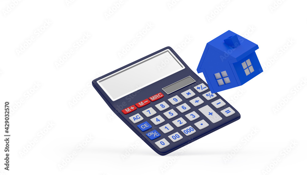Blue house icon with calculator isolated on white. 3d illustration Blue house icon with calculator isolated on white. 3d illustration