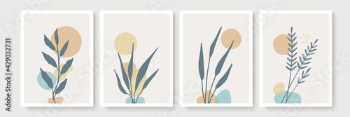 Botanical wall art vector set. Foliage line art drawing with abstract shape. Abstract Plant Art design for print, cover, wallpaper, Minimal and natural wall art. Vector illustration.