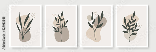 Abstract boho wall arts background vector set. Earth tones organic shape watercolor paint art brush design for wall framed prints, canvas, poster, home decor, cover, wallpaper. Vector illustration