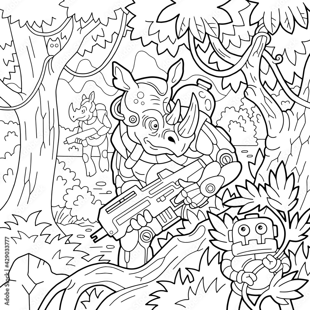 cartoon rhino hunters, fantasy illustration, coloring book