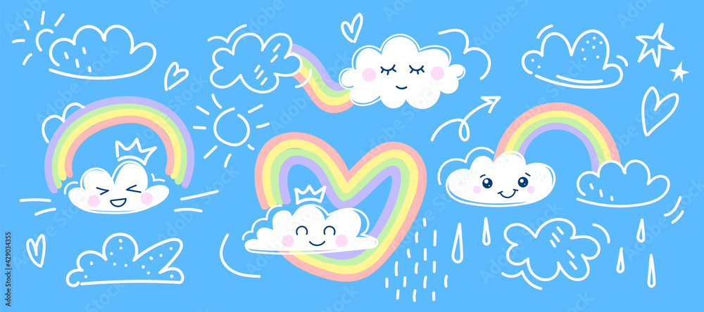 Fototapeta premium Set of Cute kawaii clouds and rainbow icons baby cute pastel colors. Funny anime characters. Trendy vector illustration. Kawaii cloud and rainbow stickers for kids scrapbook, notepad or baby shower. 