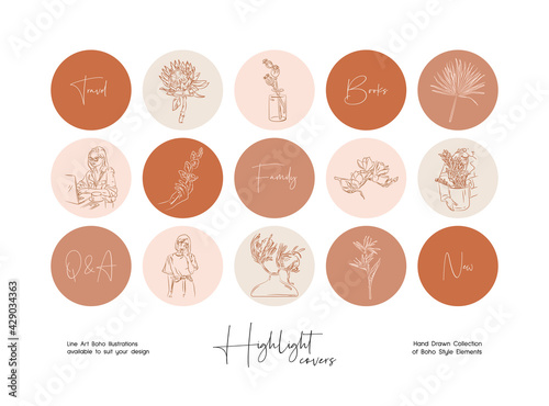 Set of hand drawn line art boho style vector illustrations. Vector set design templates icons and emblems - social media instagram story highlight.