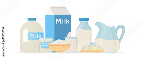 Fresh organic milk products set with cottage cheese and butter vector illustration.
